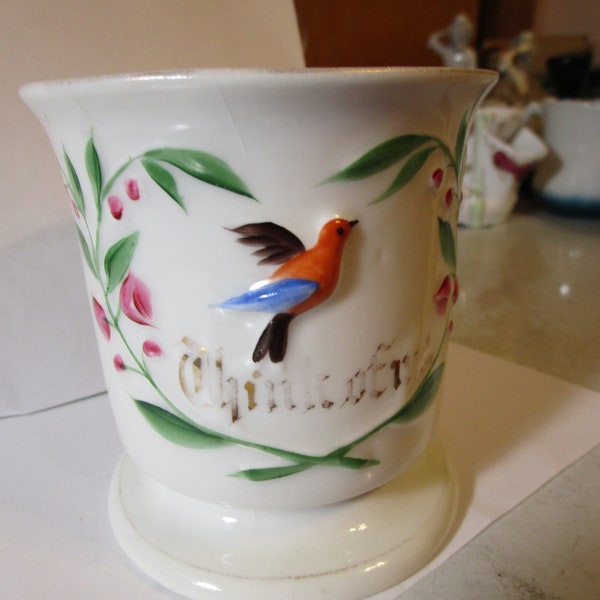 Vintage/Antique Think of Me Ceramic Shaving Mug with Bird and Flowers, Mustache Cup Made in Germany