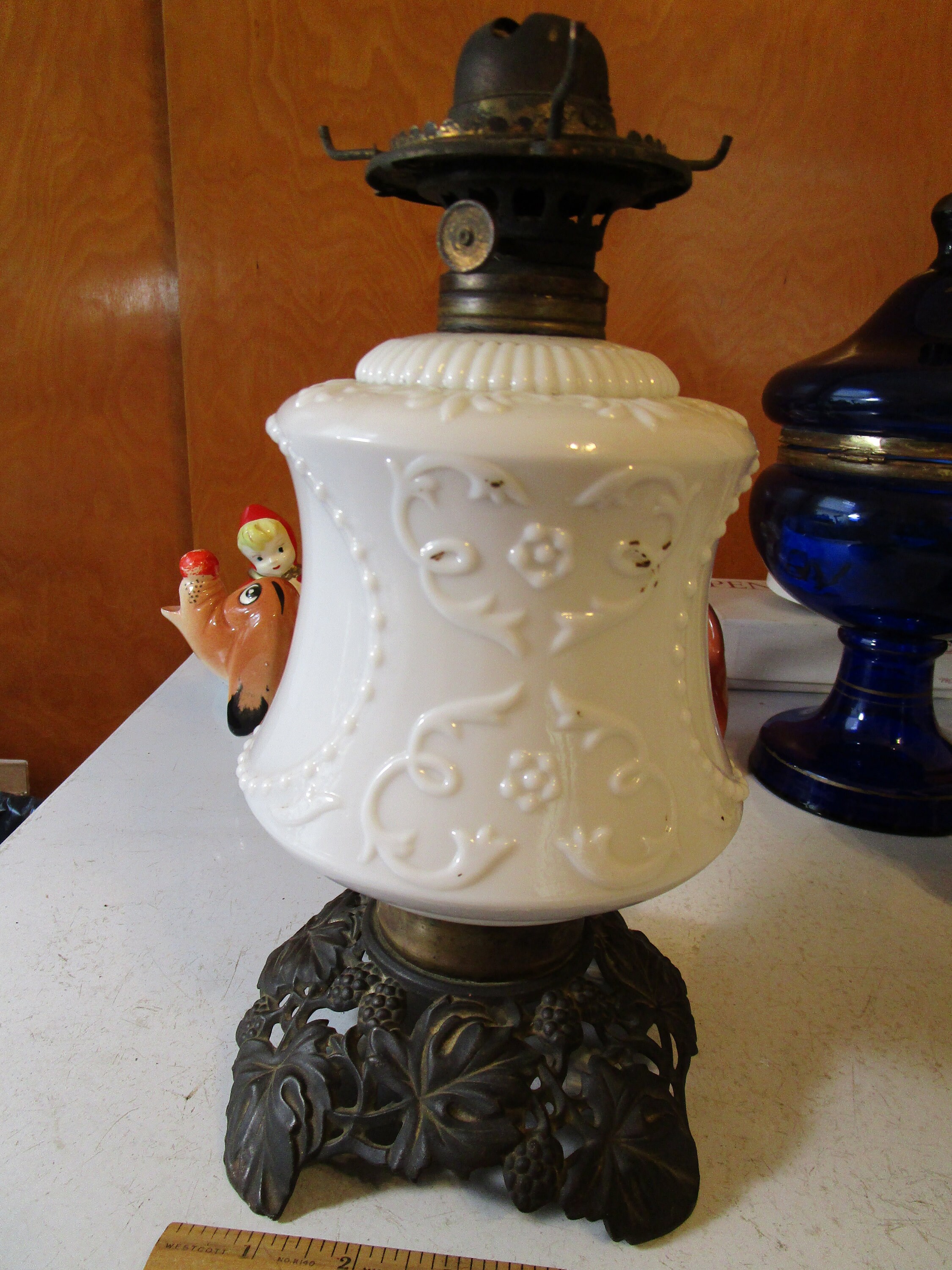 Antique Milk Glass Oil Lamp w/ Metal Berry &Ivy Base Post Etsy