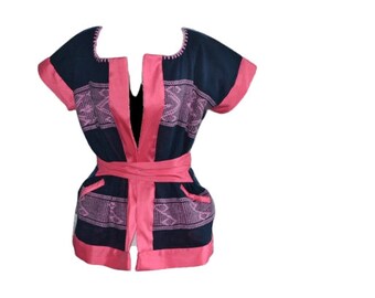 Blazer bleu à manches courtes tissé à la main à Oaxaca, taille M