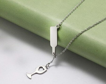 Collier Pendentif Bouteille de Vin en Acier Inoxydable et Verre en Argent
