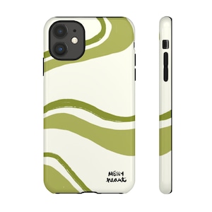 iPhone or Samsung Tough Case MESSYheart original design artsy retro swirl sage green plant leaf vintage surf style