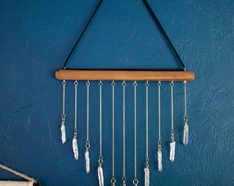 Modern Wall Hanging or Mobile using natural wood, brass, and gemstones - natural home decoration - QUARTZ chevron version