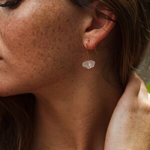 May include: A pair of gold earrings with a clear, faceted crystal pendant. The earrings are simple and elegant, perfect for everyday wear.