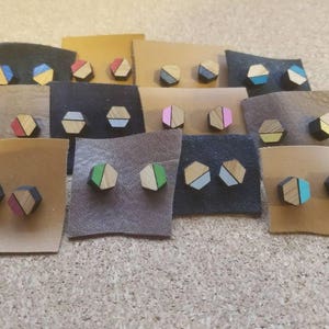 Laser cut bamboo hexagon multi colored choice hand painted stud earrings with surgical steel posts image 3