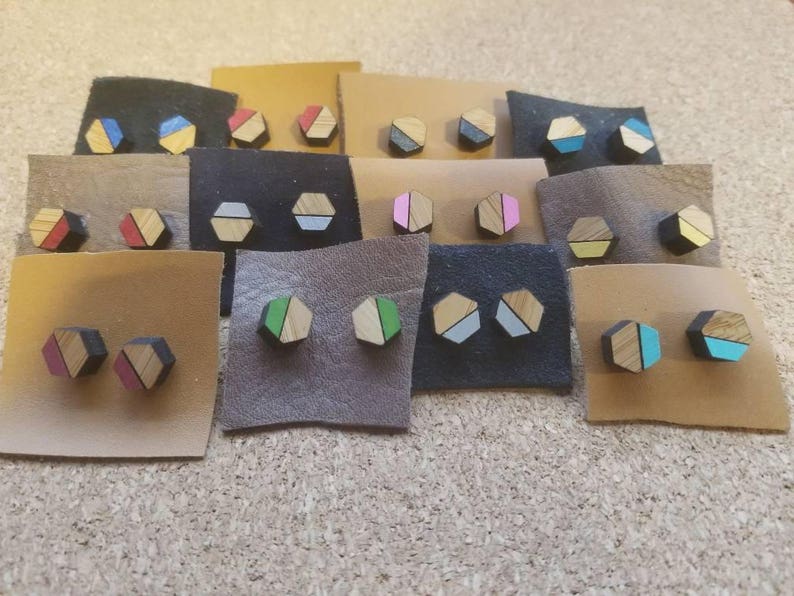 Laser cut bamboo hexagon multi colored choice hand painted stud earrings with surgical steel posts image 3