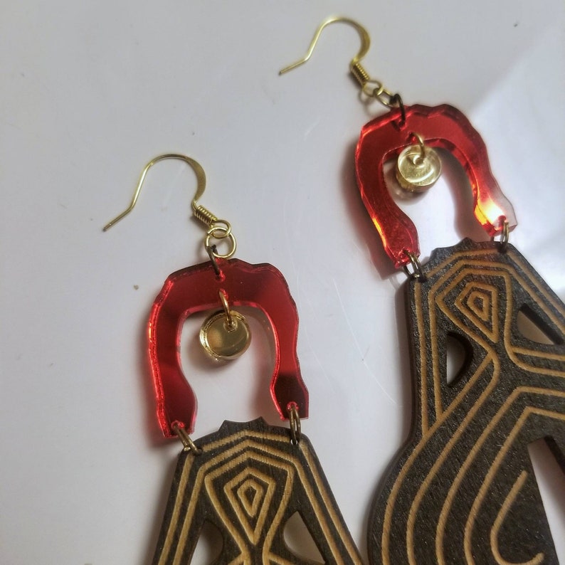 David Bowie inspired large earrings laser cut design wood, paint, and mirror acrylic image 4