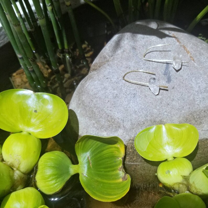 May include: A pair of delicate silver earrings with clear crystal teardrop-shaped stones. The earrings are photographed on a gray rock with green plants in the background.