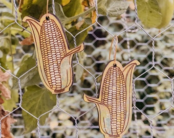 Corn shaped earrings - laser engraved wood with hand-painted details and brass hooks - fall fashion, corny jewelry