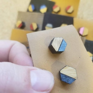 Laser cut bamboo hexagon multi colored choice hand painted stud earrings with surgical steel posts image 2