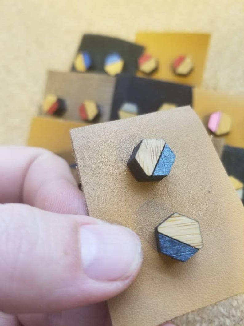 Laser cut bamboo hexagon multi colored choice hand painted stud earrings with surgical steel posts image 2