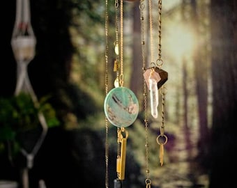 Modern Wall Mobile or hanging using natural wood, brass, and gemstones - natural home decoration - Your choice of stones