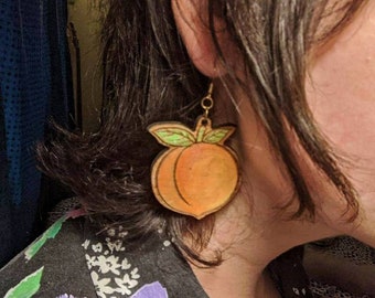 Feeling fruity - laser cut and engraved peach earrings - drop dangle hand painted design - your choice of large, medium, small size