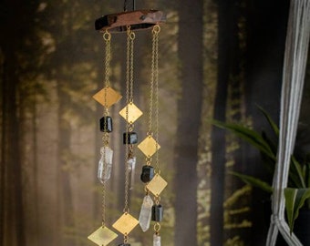 Modern Wall Mobile or hanging using natural wood, brass, and gemstones - natural home decoration - quartz and tourmaline ascending version