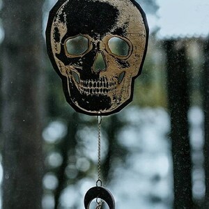 Skull wall hanging - laser engraved wood with hand-painted blue black shimmer - Halloween, fall decorations, spooky decor