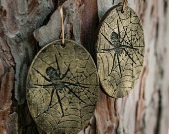 Oval shaped web and spider earrings- laser engraved wood with hand-painted details and brass hooks - Halloween, fall fashion, spooky jewelry