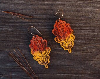 Leaf shaped earrings - laser engraved wood with hand-painted details and brass hooks - fall fashion, holiday