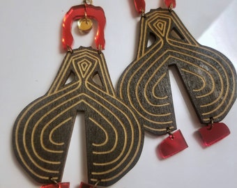David Bowie inspired large earrings - laser cut design wood, paint, and mirror acrylic
