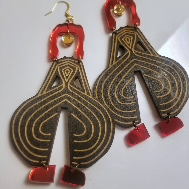 David Bowie inspired large earrings laser cut design wood, paint, and mirror acrylic image 1