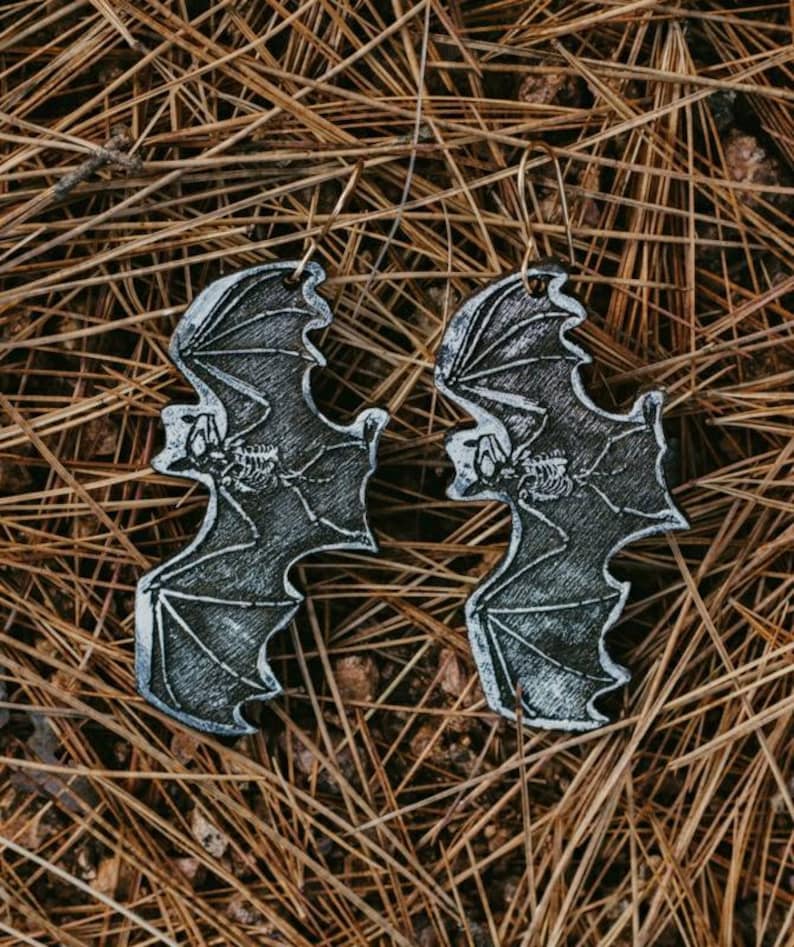 Black Bat with bones earrings  laser engraved wood with image 1