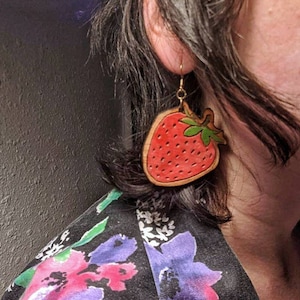 Feeling fruity - laser cut and engraved strawberry earrings - drop dangle hand painted design - your choice of large, medium, small size