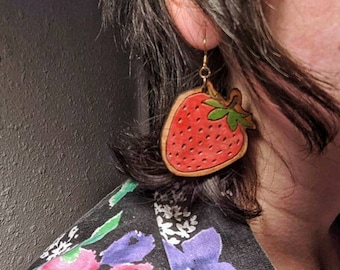 Feeling fruity - laser cut and engraved strawberry earrings - drop dangle hand painted design - your choice of large, medium, small size