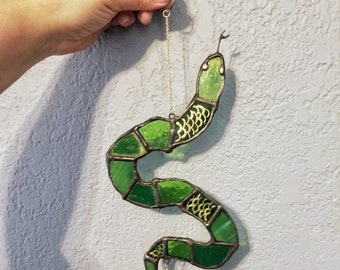 Stained glass suncatcher, wall hanging - green snake