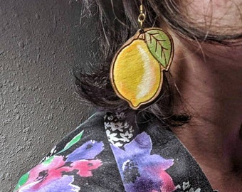 Feeling fruity - laser cut and engraved lemon earrings - drop dangle hand painted design - your choice of large, medium, small size