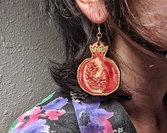 Feeling fruity - laser cut and engraved pomegranate earrings - drop dangle hand painted design - your choice of large, medium, small size