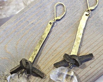 Hammered brass drop dangle earrings with quartz crystal bead and black leather knot