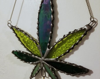 Hemp leaf stained glass suncatcher