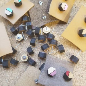 Laser cut bamboo hexagon multi colored choice hand painted stud earrings with surgical steel posts image 6