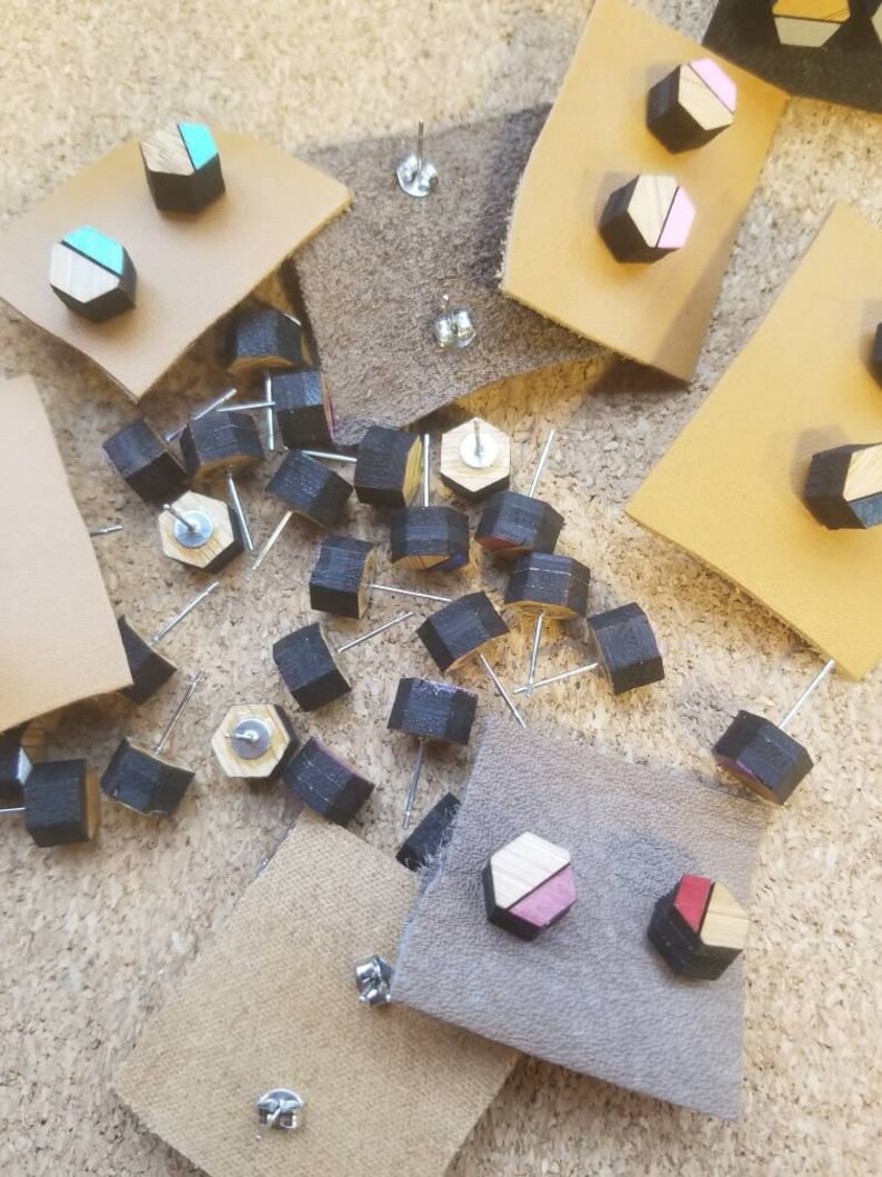 Laser cut bamboo hexagon multi colored choice hand painted stud earrings with surgical steel posts image 6