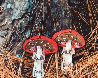 Mushroom shaped earrings - laser engraved wood with hand-painted red and white details and brass hooks - fall fashion, holiday