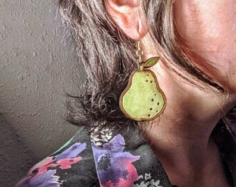 Feeling fruity - laser cut and engraved pear earrings - drop dangle hand painted design - your choice of large, medium, small size