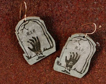 Zombie hand tombstone earrings - laser engraved wood with hand-painted details and brass hooks - Halloween, fall fashion, spooky jewelry