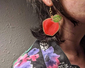 Feeling fruity - laser cut and engraved apple earrings - drop dangle hand painted design - your choice of large, medium, small size