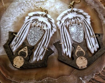 David Bowie Labryinth Goblin King inspired large earrings - laser cut design wood, paint, and acrylic