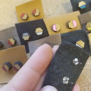 Laser cut bamboo hexagon multi colored choice hand painted stud earrings with surgical steel posts image 4