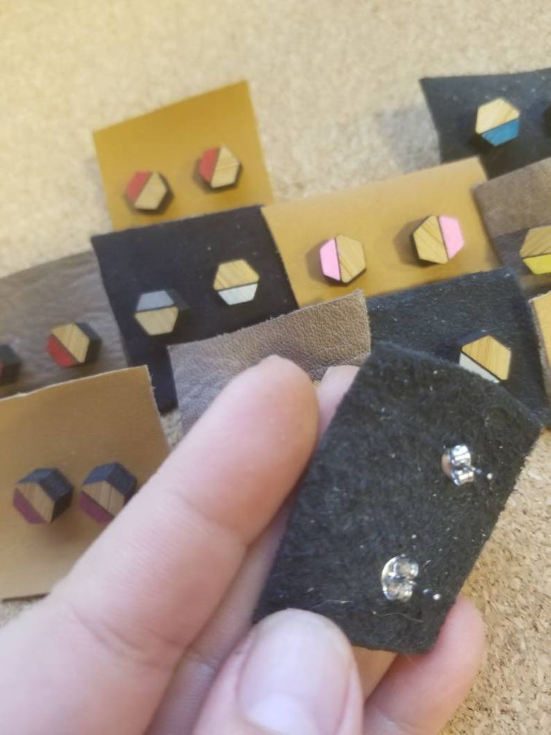 Laser cut bamboo hexagon multi colored choice hand painted stud earrings with surgical steel posts image 4