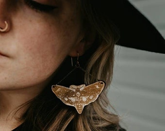 Skull moth shaped earrings - laser engraved wood with hand-painted details and brass hooks - Halloween, fall fashion, spooky jewelry