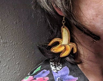 Feeling fruity - laser cut and engraved banana earrings - drop dangle hand painted design - your choice of large, medium, small size