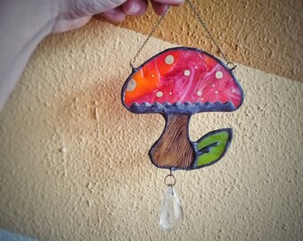Stained Glass red mushroom with small green leaf and glass prism hanging, suncatcher, home decoration