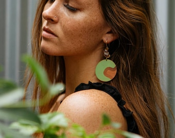 Large circle red cedar wood laser cut drop earrings with bright green paint and floral metal brass connector - summer tropical design