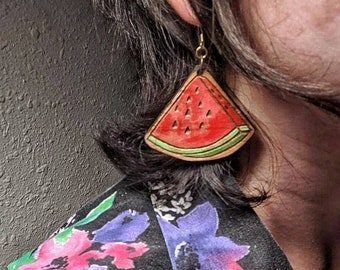 Feeling fruity - laser cut and engraved watermelon earrings - drop dangle hand painted design - your choice of large, medium, small size