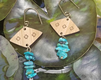 Lightweight laser cut bamboo wood dangle diamond shaped earrings with real turquoise chip bead drops on brass hooks - natural jewelry