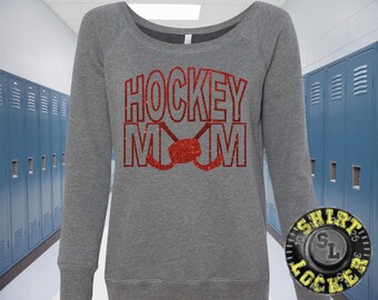Hockey Mom Glitter Design Womens Off the Shoulder Sweat Shirt, Hockey Spirit Wear Glitter Bling Design Mother Any color combination