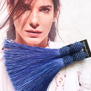 Blue Tassel earrings,Long-tassel handmade clip on earrings in Oscar de la Renta style,Silk tassels earrings •Beaded earrings with tassels