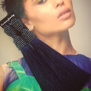 Blue Tassel earrings,Long-tassel handmade clip on earrings in Oscar de la Renta style,Silk tassels earrings•Beaded earrings with tassels