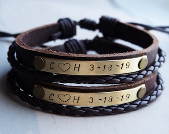 Couples Gifts, Boyfriend girlfriend bracelets, Anniversary gifts for boyfriend girlfriend hand stamped leather bracelet, Couple bracelets