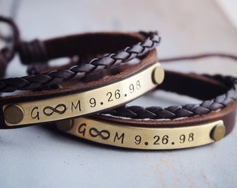 Infinity Love Handmade Bracelets, Couple Bracelets, Leather Anniversary date, wedding date jewelry, Gift for couples, Customized Bracelets
